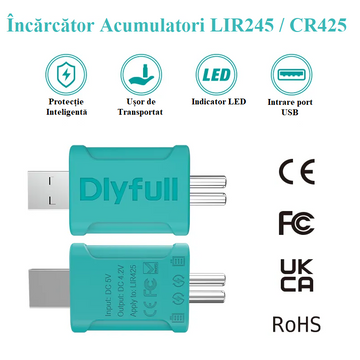 Incarcator Baterii LIR425 3.7V, CR425 Dlyfull + 2 Acumulatori pentru Pluta cu Led Pescuit Nocturn