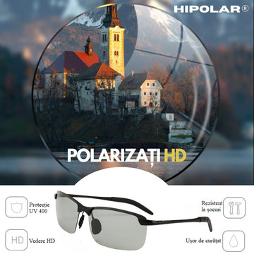 Ochelari de Soare Polarizati, Lentile Gri-Negru Fotosensibile HD47, UV400, cu Carcasa Protectie, Rama Metal, #0804