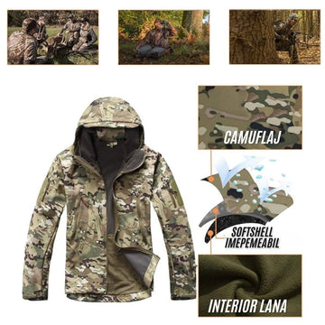 Jacheta Toamna Iarna, Softshell cu interior Imblanit, Camuflaj Multicam, Impermeabil si Rezistent la Vant, #0396