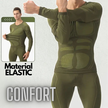 Lenjerie Termica Bluza si Pantaloni, Costum Termoactiv, Barbati, Verde Kaki, #0586