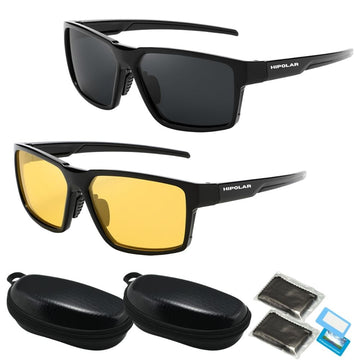Ochelari de Soare pentru Condus, HD36, Polarizati, HIPOLAR ®, Set 2 buc, Lentiala Negru si Galben pentru Zi si Noapte, Protectie UV400, cu Husa de Protectie, #0324