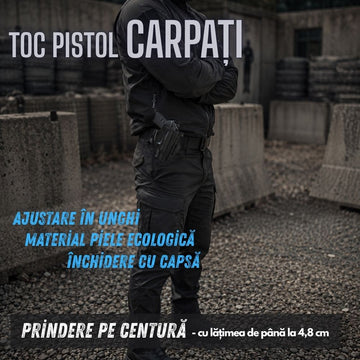 Toc Pistol CARPAȚI din Piele Ecologică, Prindere pe Centură, Ajustabil în Unghi, Eliberare Rapidă cu Capsă, Negru, #0789
