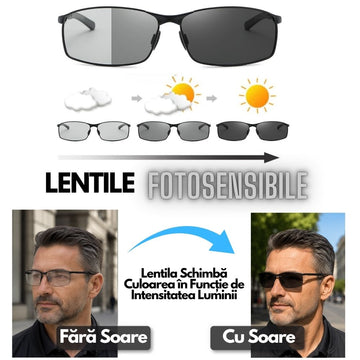 Ochelari de Soare Polarizati, Lentile Gri-Negru Fotosensibile HD39, UV400, cu Carcasa Antisoc, Rama Metal, #0802
