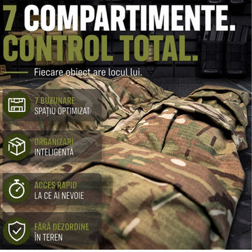 Sac pentru Alerta Militar, 45x65 cm, 7 Buzunare, Camuflaj Multicam, Inchidere cu Velcro, Catarama si Curele de Ajustare,#0710