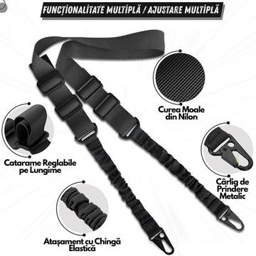 Curea pentru Arma cu Elastic Amortizare, Ajustabila, Prindere in 2 Puncte, WP05 Negru, #0720