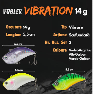 Vobler Pescuit Rapitor, Lure cu Vibratii set 3 buc, 14g, 55 mm, Naluca Verde, Alb, Violet pentru Stiuca, Somn, Salau, #0374