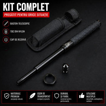 Baston Telescopic Otel, 53 cm Trei Elementi, BM18, Buton Inchidere Rapida, Maner Cauciuc Aderent, 535g, Compact Negru, #0778