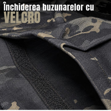 Sac pentru Alerta Militar, 45x65 cm, 7 Buzunare, Negru Camuflaj, Inchidere cu Velcro, Catarama si Curele de Ajustare, #0822