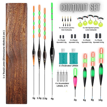 Set Plute Pescuit LED Inteligente cu Schimbare Culoare la Muscatura Pestelui, Pachet 8 Plutitoare, 2 Incarcator, 4 Acumulatori LIR425, 8 Plumbi Ajustabili, 5 Linii culisante, Pescuit de Noapte, #0525