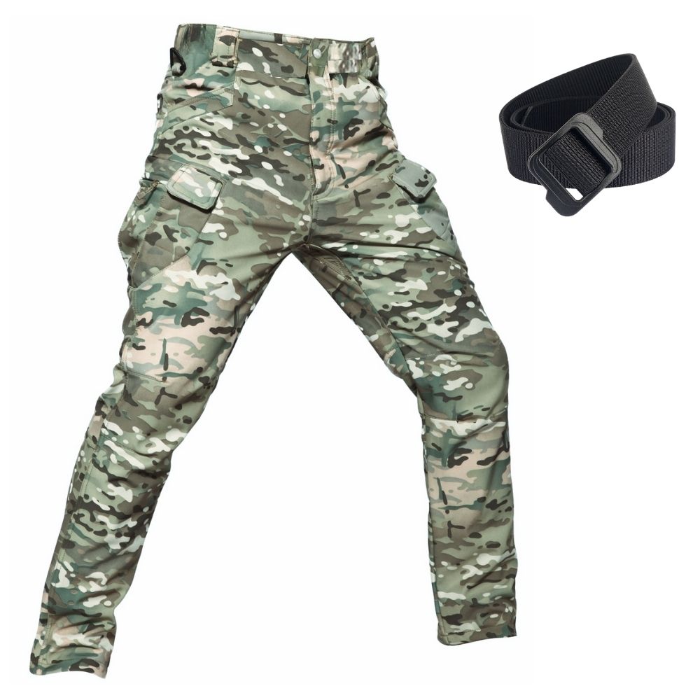 Pantaloni Tactici Softshell Camuflaj Padure Multicam, Primavara-Toamna, cu Centura Ajustabila, Impermeabili, Multiple Buzunare, #0434