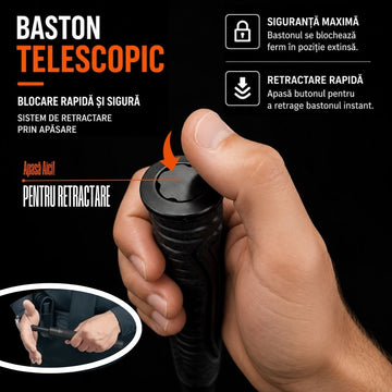Baston Telescopic Aliat Otel Aluminiu, 66 cm Trei Elementi, BM19, Buton Inchidere Rapida, Maner Cauciuc Aderent, 315g, Compact Negru, #-0810
