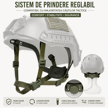 Curele pentru Casca Tactica, VK26, Curea Suspensie Ajustabila cu Inchidere Deschidere Rapidă, Verde Militar, #0815