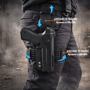 Holster Glock 17 19 22 23, Toc Tactic pentru Pistol, Ajustabil, pe Mana Dreapta, cu Retentie, Prindere pe Picior, #0742