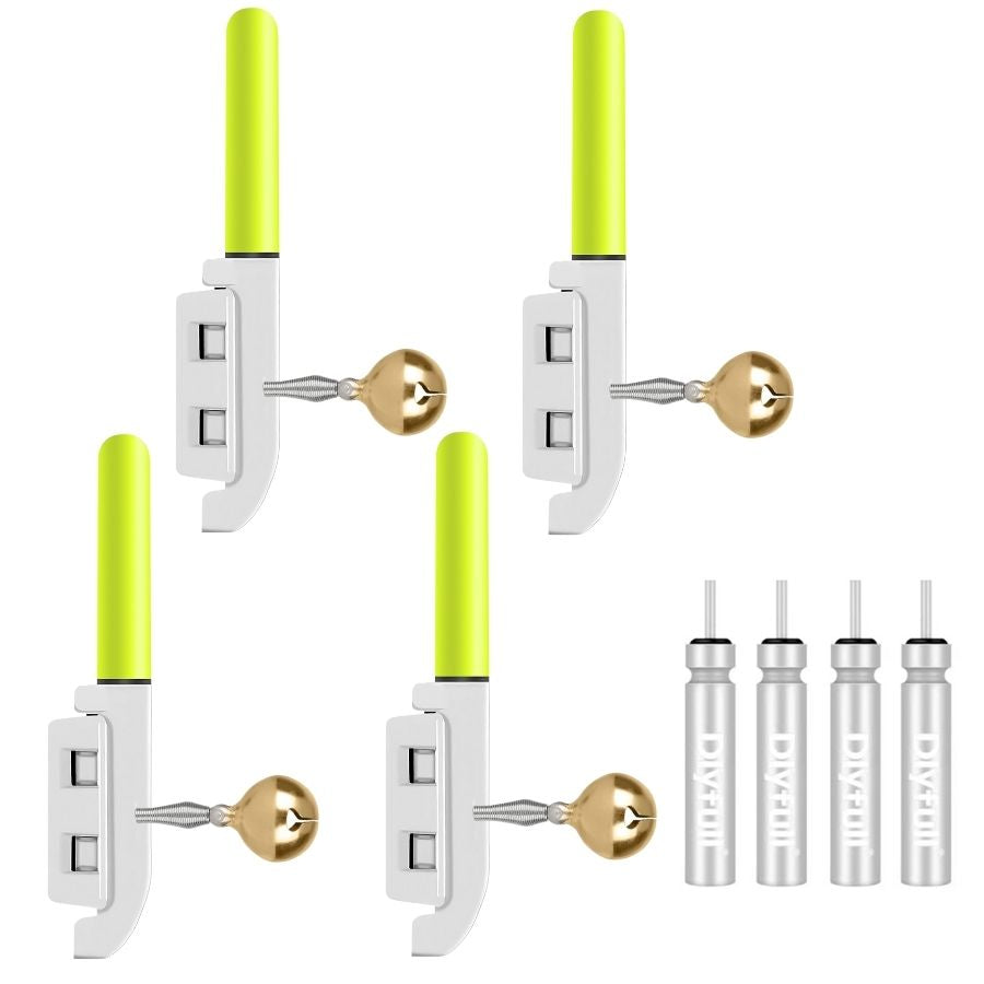 Avertizor Semnalizator Luminos Verde pentru Lanseta Feeder cu Clopotei, Set 4 buc cu 4 Baterii CR425, Pescuit de Noapte, #0301