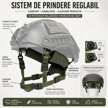 Curele pentru Casca Tactica, KN44, Curea Suspensie Ajustabila cu Inchidere Deschidere Rapida, Verde Militar, #0818