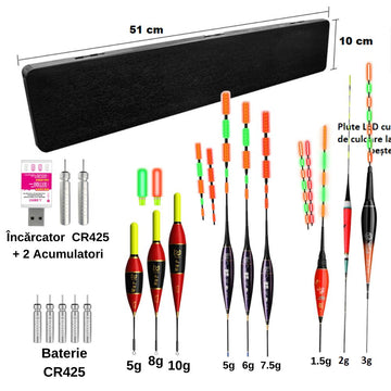 Set Plute Pescuit LED Inteligente cu Schimbare Culoare la Muscatura Pestelui, Pachet 9 Plutitoare, 5 Baterii CR425, Incarcator cu 2 Acumulatori LIR425, Pescuit de Noapte